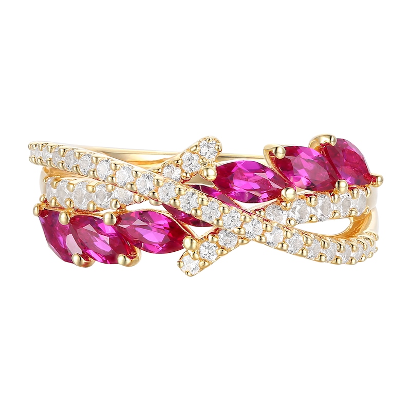 Main Image 1 of Marquise-Cut Lab-Created Ruby and White Lab-Created Sapphire Crossover Ring in Sterling Silver with 14K Gold Plate