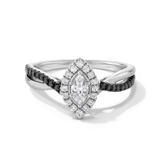 1/2 CT. T.w. Marquise-Cut Black and White Diamond Frame Crossover Shank Engagement Ring in 14K White Gold