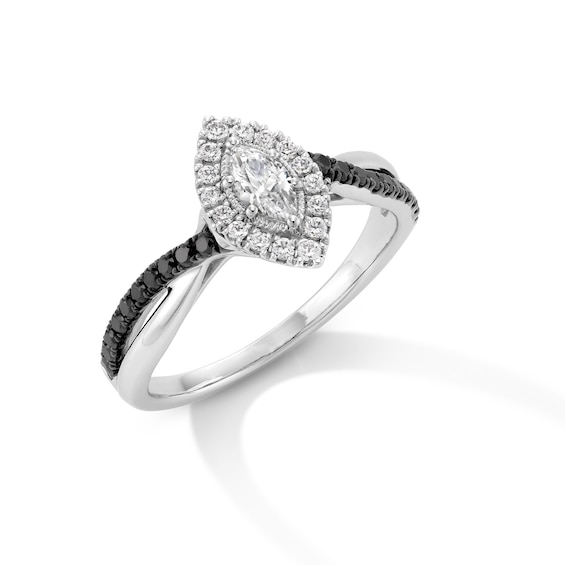 1/2 CT. T.w. Marquise-Cut Black and White Diamond Frame Crossover Shank Engagement Ring in 14K White Gold