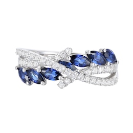 Marquise-Cut Blue and White Lab-Created Sapphire Crossover Ring in Sterling Silver