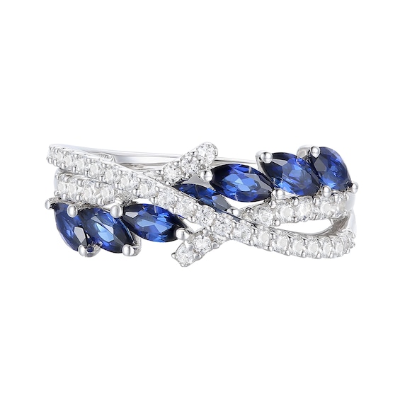 Marquise-Cut Blue and White Lab-Created Sapphire Crossover Ring in Sterling Silver
