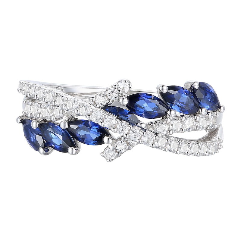 Main Image 1 of Marquise-Cut Blue and White Lab-Created Sapphire Crossover Ring in Sterling Silver