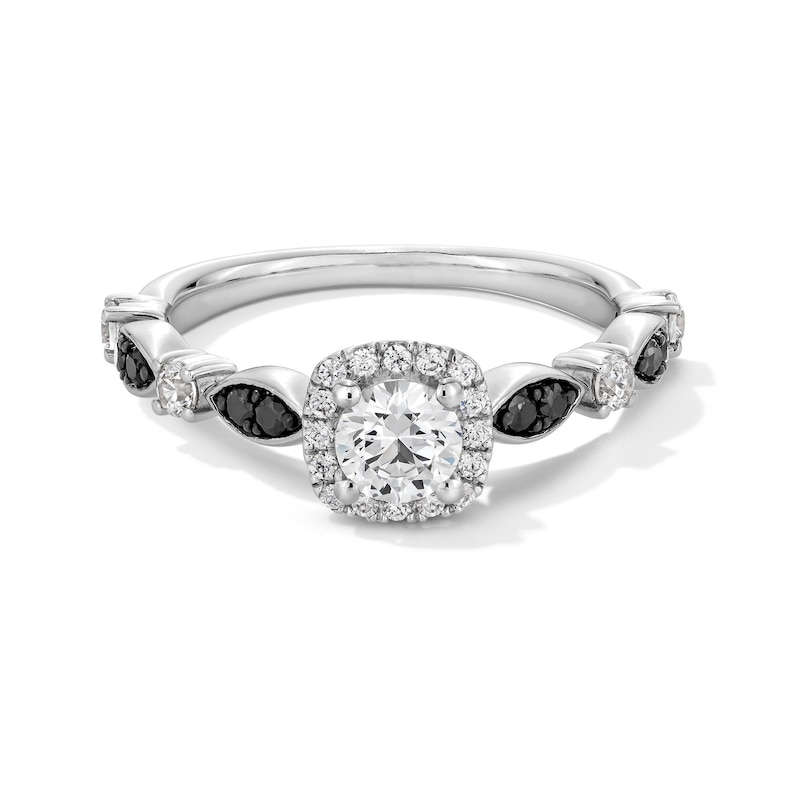 Main Image 1 of 3/4 CT. T.W. Black and White Diamond Cushion-Frame Art Deco Engagement Ring in 14K White Gold