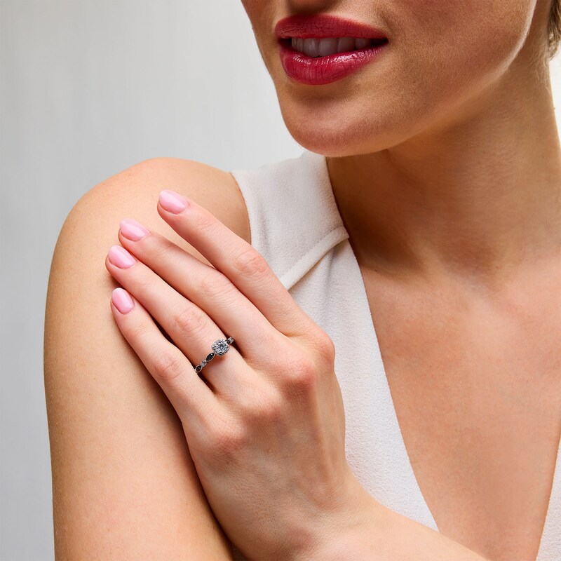 Main Image 2 of 3/4 CT. T.W. Black and White Diamond Cushion-Frame Art Deco Engagement Ring in 14K White Gold
