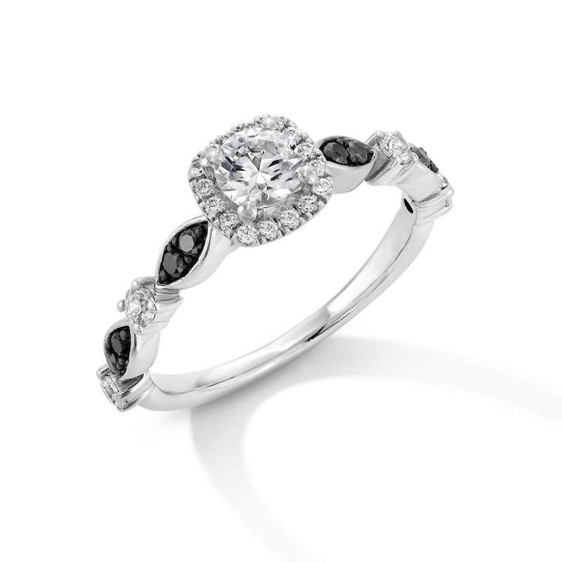 Main Image 3 of 3/4 CT. T.W. Black and White Diamond Cushion-Frame Art Deco Engagement Ring in 14K White Gold