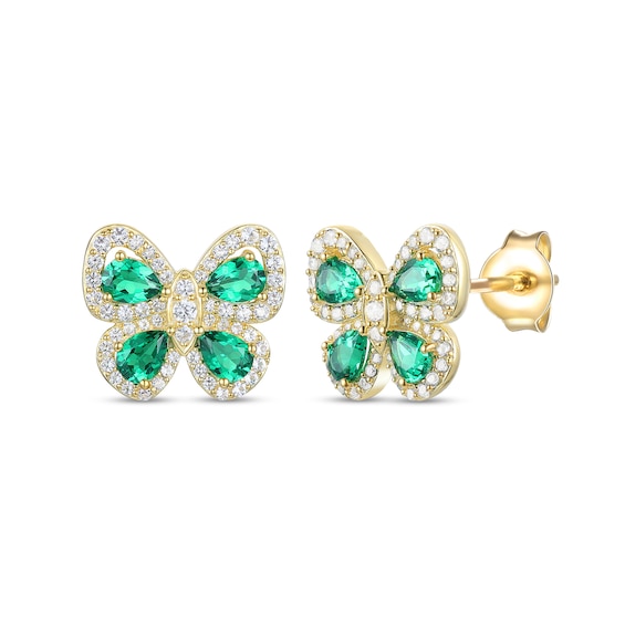 Pear Lab-Created Emerald and White Lab-Created Sapphire Butterfly Stud Earrings in Sterling Silver with 14K Gold Plate
