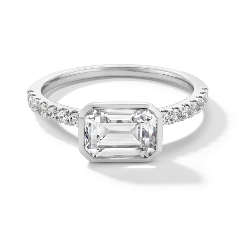 Main Image 1 of 1-3/4 CT. T.W. Emerald-Cut Certified Lab-Grown Diamond Bezel-Set Sideways Engagement Ring in 14K White Gold (F/VS2)