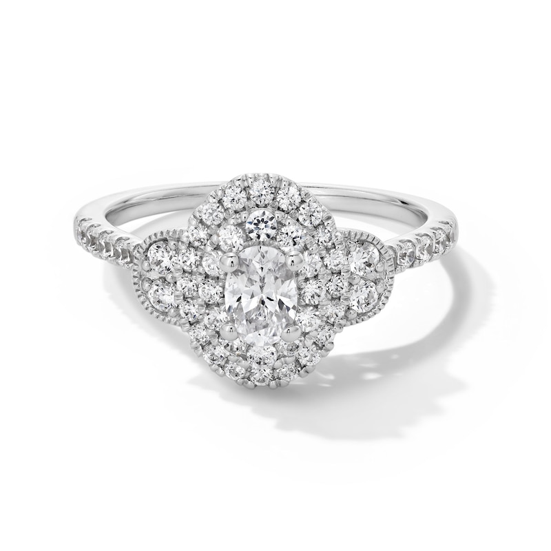 Main Image 1 of 3/4 CT. T.W. Oval Diamond Double Frame Collar Vintage-Style Engagement Ring in 14K White Gold