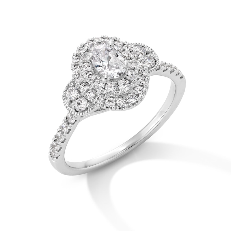 Main Image 3 of 3/4 CT. T.W. Oval Diamond Double Frame Collar Vintage-Style Engagement Ring in 14K White Gold
