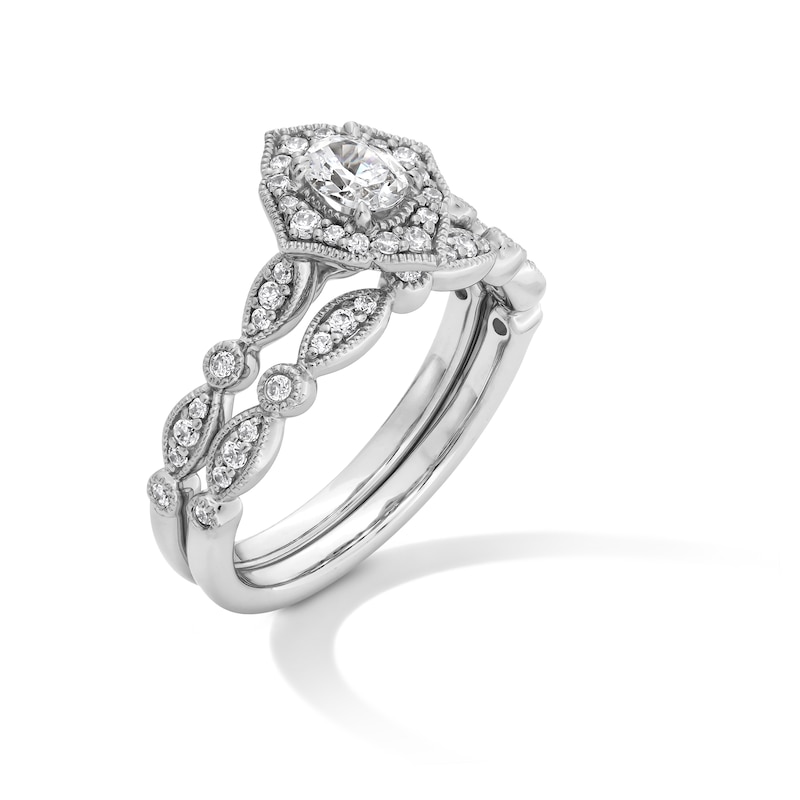 Main Image 3 of 5/8 CT. T.W. Oval Diamond Quatrefoil Frame Art Deco Vintage-Style Bridal Set in 14K White Gold