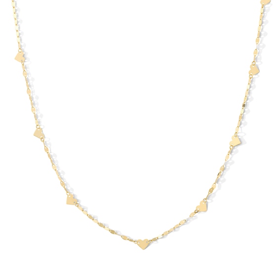 Heart Station Mirror Link Chain Necklace in Solid 14K Gold