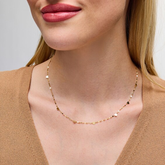 Heart Station Mirror Link Chain Necklace in Solid 14K Gold