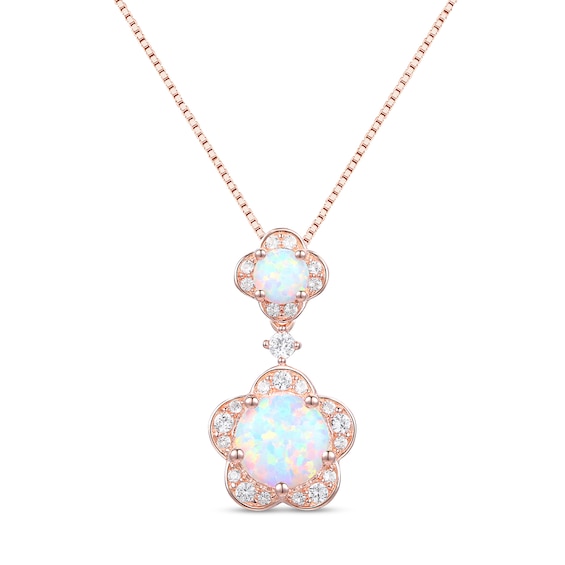 Lab-Created Opal and White Lab-Created Sapphire Flower Drop Pendant in Sterling Silver with 14K Rose Gold Plate