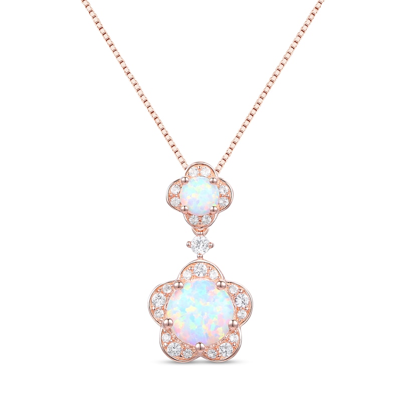 Main Image 1 of Lab-Created Opal and White Lab-Created Sapphire Flower Drop Pendant in Sterling Silver with 14K Rose Gold Plate