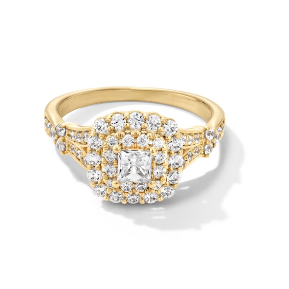 1 CT. T.w. Princess-Cut Diamond Double Cushion Frame Split Shank Engagement Ring in 14K Gold