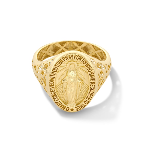 Miraculous Medal Signet Ring in Solid 14K Gold - Size 7