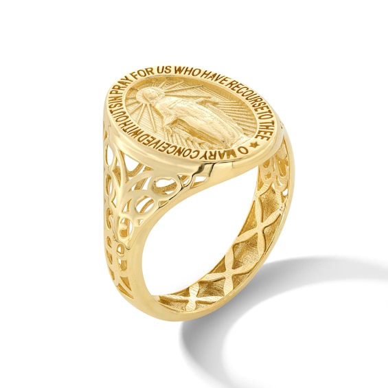Miraculous Medal Signet Ring in Solid 14K Gold - Size 7
