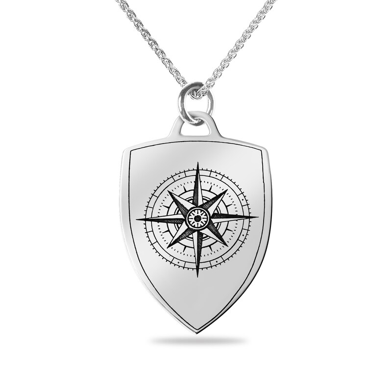 Main Image 1 of Engravable Compass Shield Pendant in Sterling Silver (2 Lines) - 22”
