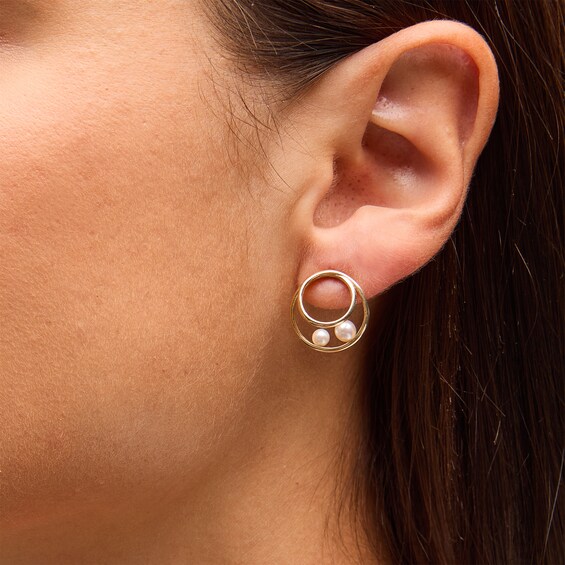 Cultured Mabe Pearl Double Circle Stud Earrings in Solid 10K Gold