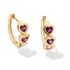 Thumbnail Image 1 of 4.0mm Heart-Shaped Rhodolite Garnet Three Stone Huggie Hoop Earrings in Solid 10K Gold