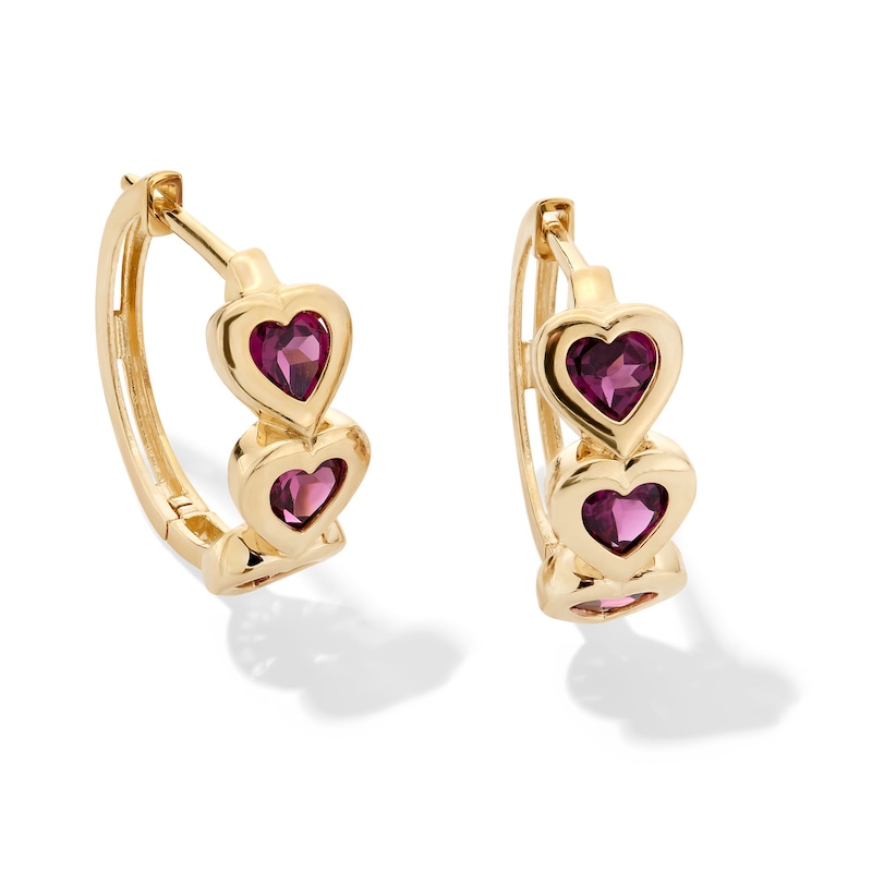 Main Image 1 of 4.0mm Heart-Shaped Rhodolite Garnet Three Stone Huggie Hoop Earrings in Solid 10K Gold