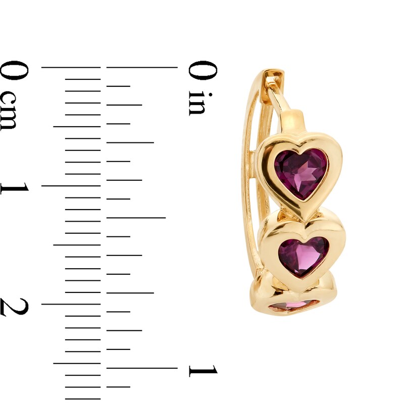 Main Image 3 of 4.0mm Heart-Shaped Rhodolite Garnet Three Stone Huggie Hoop Earrings in Solid 10K Gold