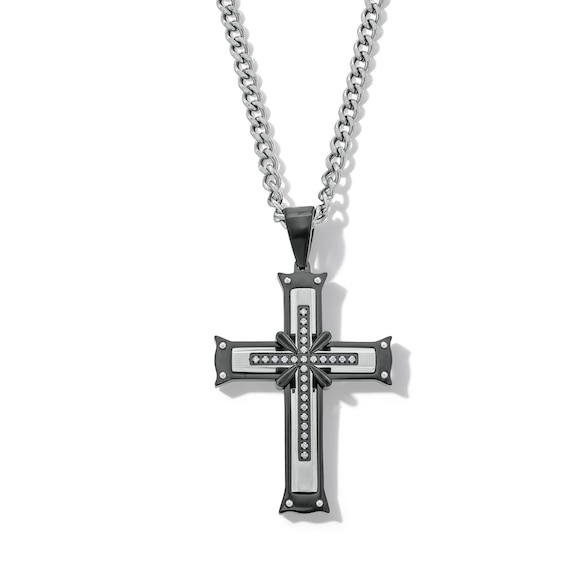 1/8 CT. T.w. Diamond Flared Cross Pendant in Stainless Steel with Black Ion Plate - 24”