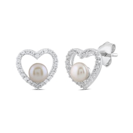 Button Freshwater Cultured Pearl and White Lab-Created Sapphire Heart Stud Earrings in Sterling Silver