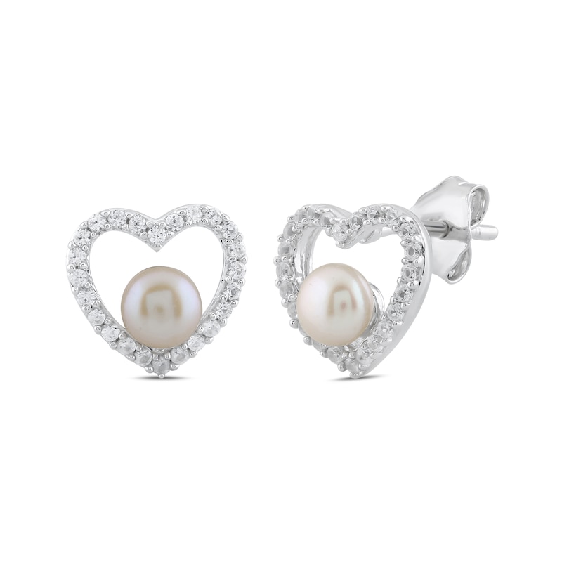 Main Image 1 of Button Freshwater Cultured Pearl and White Lab-Created Sapphire Heart Stud Earrings in Sterling Silver