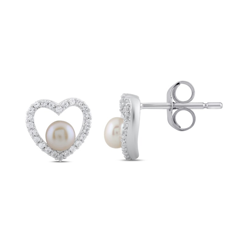Main Image 2 of Button Freshwater Cultured Pearl and White Lab-Created Sapphire Heart Stud Earrings in Sterling Silver