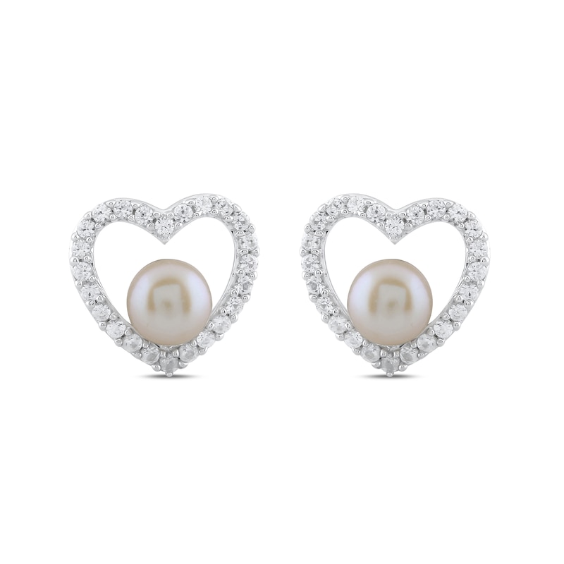 Main Image 3 of Button Freshwater Cultured Pearl and White Lab-Created Sapphire Heart Stud Earrings in Sterling Silver