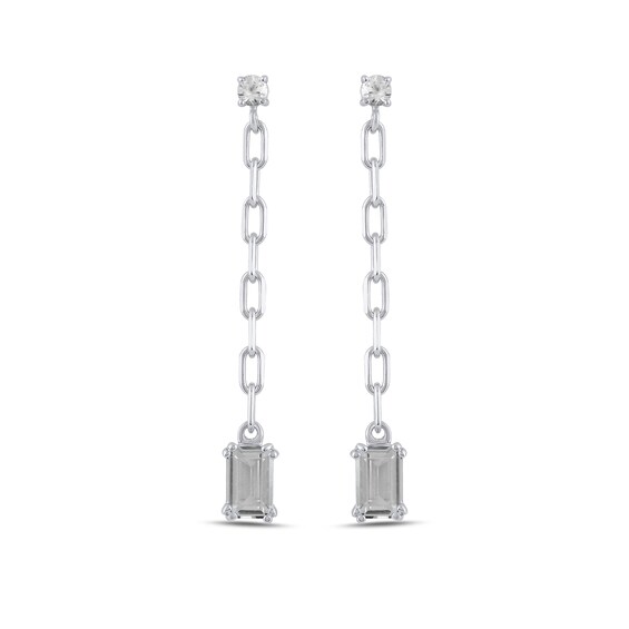 Emerald-Cut and Round White Lab-Created Sapphire Chain Drop Earrings in Sterling Silver