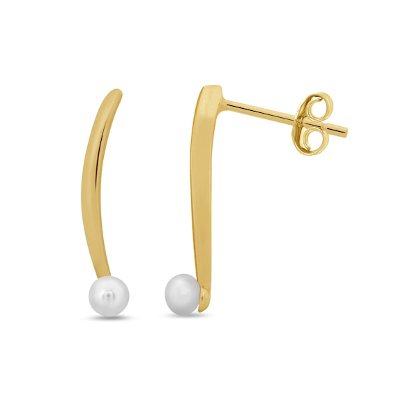 Button Freshwater Cultured Pearl Curved Bar Crawler Earrings in 10K Gold
