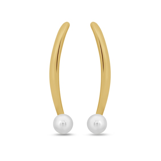 Button Freshwater Cultured Pearl Curved Bar Crawler Earrings in 10K Gold