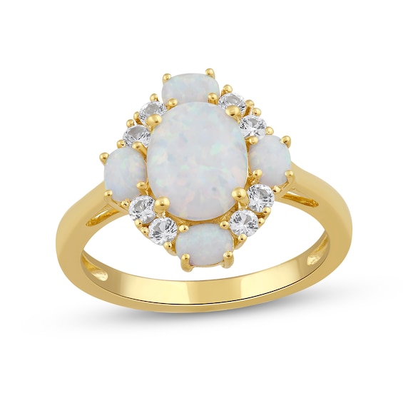 Oval Lab-Created Opal and White Lab-Created Sapphire Frame Ring in 10K Gold