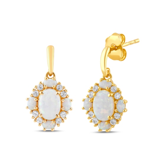 Oval Lab-Created Opal and White Lab-Created Sapphire Frame Drop Earrings in 10K Gold