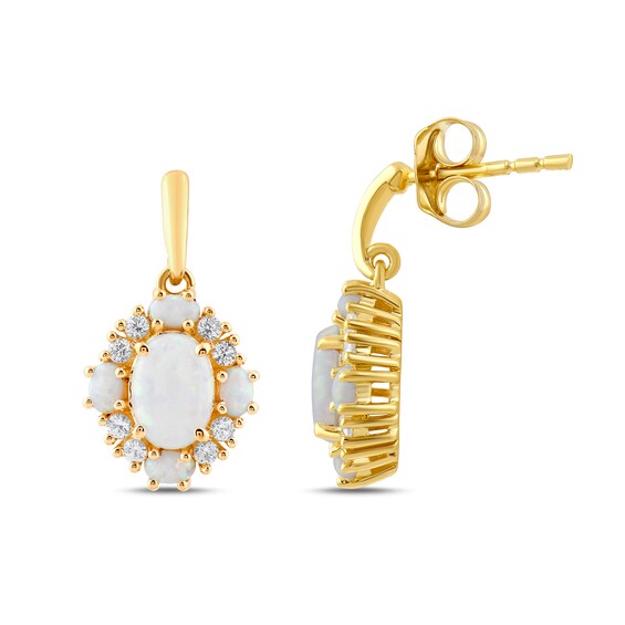 Oval Lab-Created Opal and White Lab-Created Sapphire Frame Drop Earrings in 10K Gold