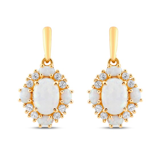 Oval Lab-Created Opal and White Lab-Created Sapphire Frame Drop Earrings in 10K Gold