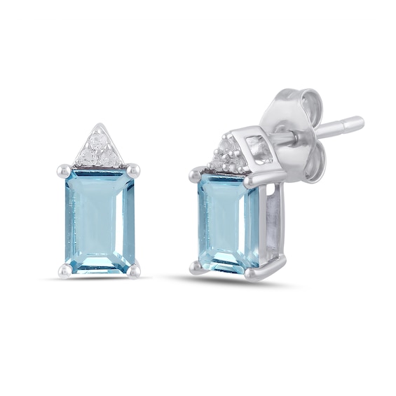 Emerald-Cut Aquamarine and Diamond Accent Tri-Top Stud Earrings in 10K White Gold