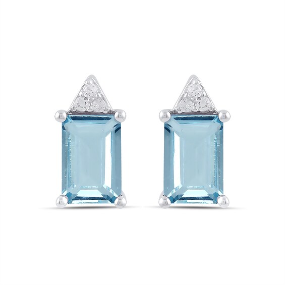 Emerald-Cut Aquamarine and Diamond Accent Tri-Top Stud Earrings in 10K White Gold