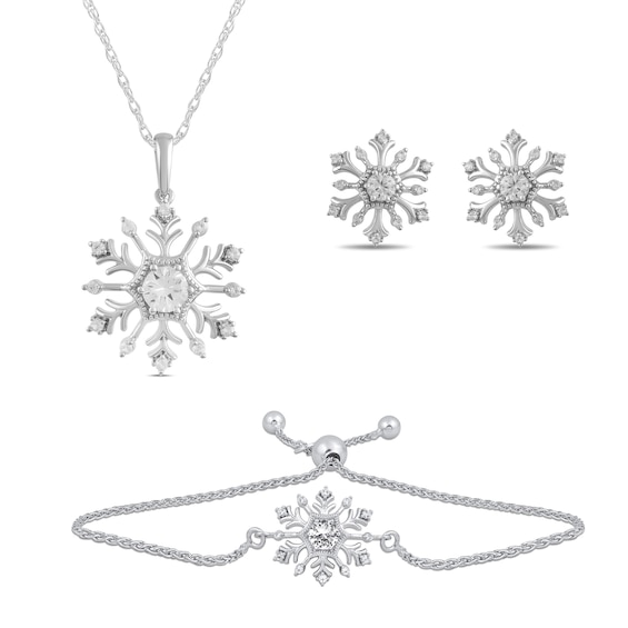 White Lab-Created Sapphire Snowflake Pendant, Bolo Bracelet and Stud Earrings Set in Sterling Silver - 9.0"