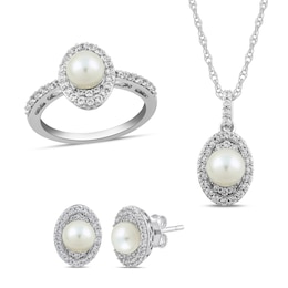 Freshwater Cultured Pearl and White Lab-Created Sapphire Oval Frame Pendant, Ring and Earrings Set in Sterling Silver