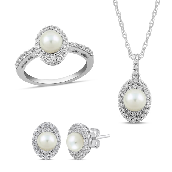 Freshwater Cultured Pearl and White Lab-Created Sapphire Oval Frame Pendant, Ring and Earrings Set in Sterling Silver