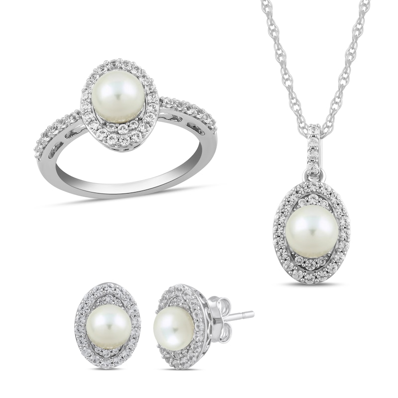 Main Image 1 of Freshwater Cultured Pearl and White Lab-Created Sapphire Oval Frame Pendant, Ring and Earrings Set in Sterling Silver