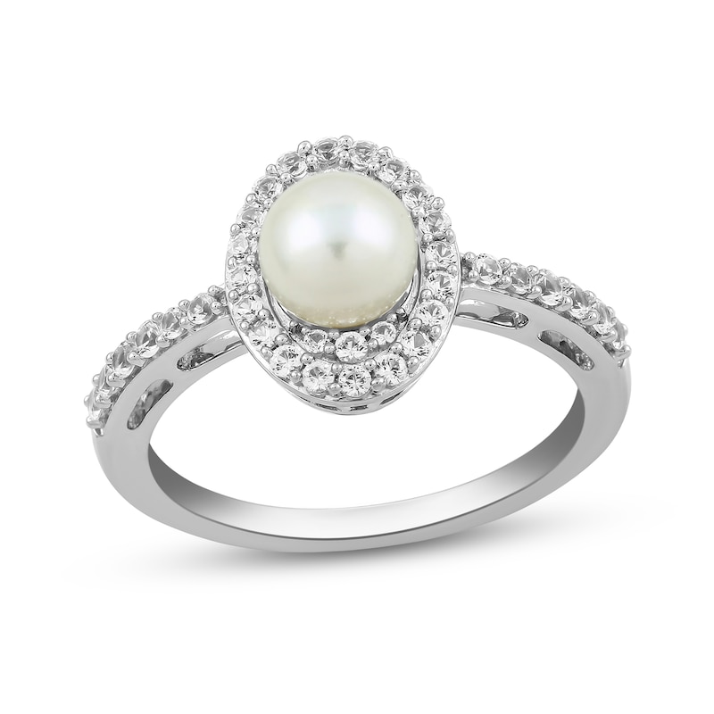 Main Image 2 of Freshwater Cultured Pearl and White Lab-Created Sapphire Oval Frame Pendant, Ring and Earrings Set in Sterling Silver