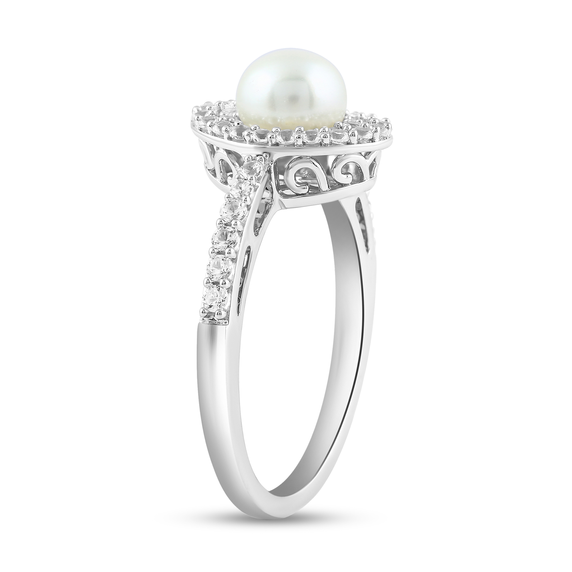 Main Image 3 of Freshwater Cultured Pearl and White Lab-Created Sapphire Oval Frame Pendant, Ring and Earrings Set in Sterling Silver
