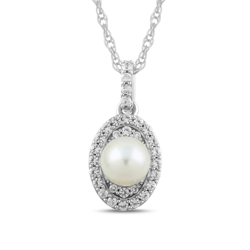 Main Image 4 of Freshwater Cultured Pearl and White Lab-Created Sapphire Oval Frame Pendant, Ring and Earrings Set in Sterling Silver