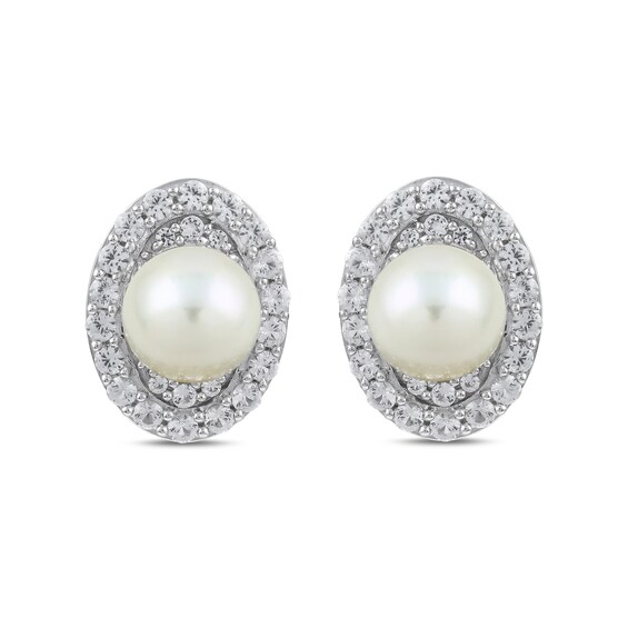 Freshwater Cultured Pearl and White Lab-Created Sapphire Oval Frame Pendant, Ring and Earrings Set in Sterling Silver