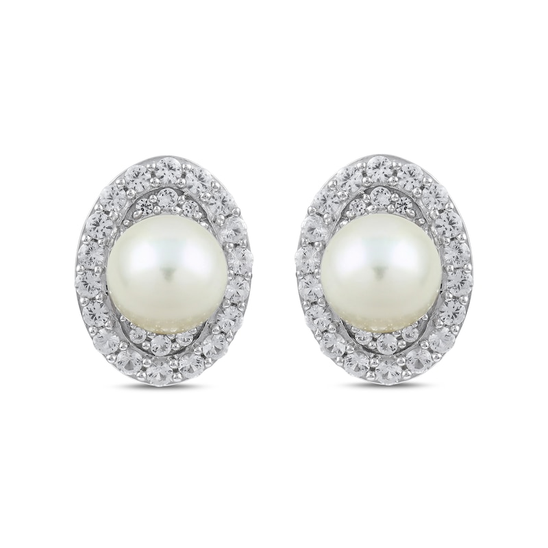 Main Image 6 of Freshwater Cultured Pearl and White Lab-Created Sapphire Oval Frame Pendant, Ring and Earrings Set in Sterling Silver