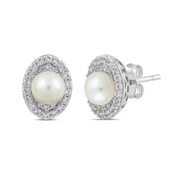 Freshwater Cultured Pearl and White Lab-Created Sapphire Oval Frame Pendant, Ring and Earrings Set in Sterling Silver